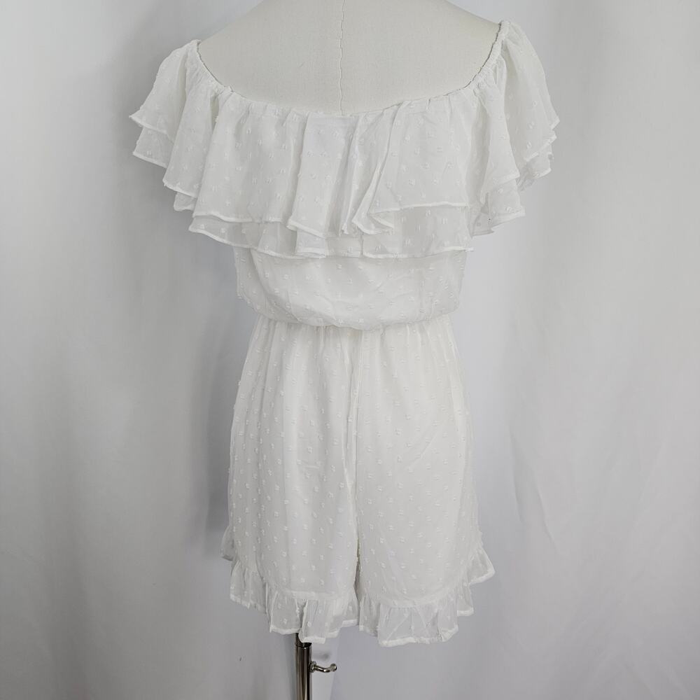 Lulus White Swiss Dot Ruffled Off The Shoulder Romper Women's Size M NWT - Picture 8 of 13